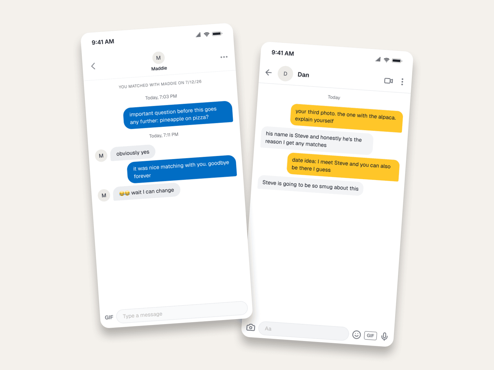 Tinder & Bumble Chat Mockups for Dating Content