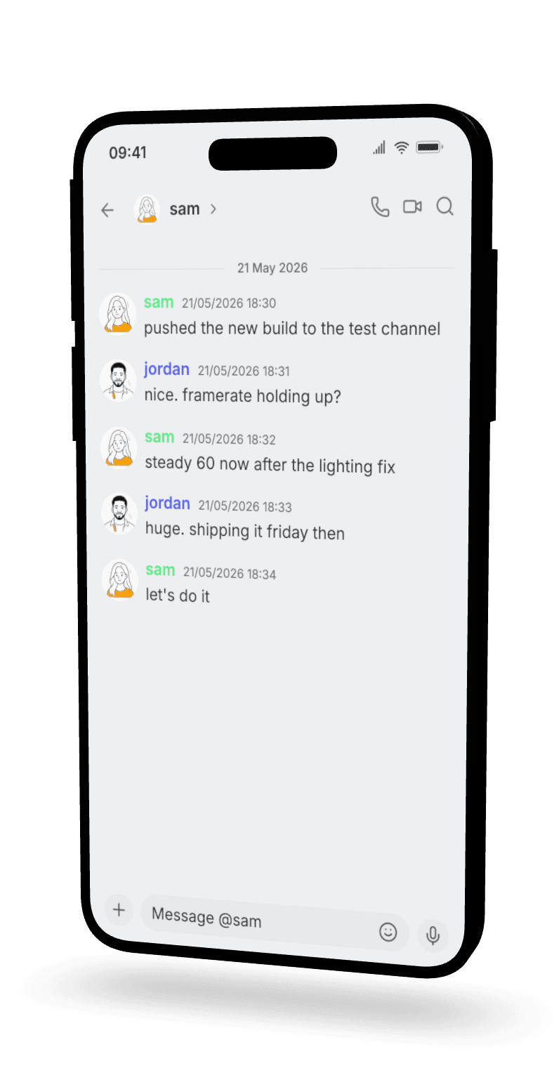 3D Discord mockup on an angled iPhone — two game developers reviewing a build, with colored usernames and role colors