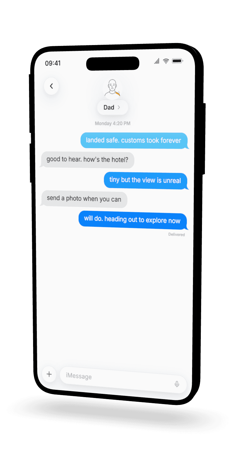 3D iMessage mockup on an angled iPhone — a traveler texting their dad after landing, with blue and gray bubbles and a delivered receipt
