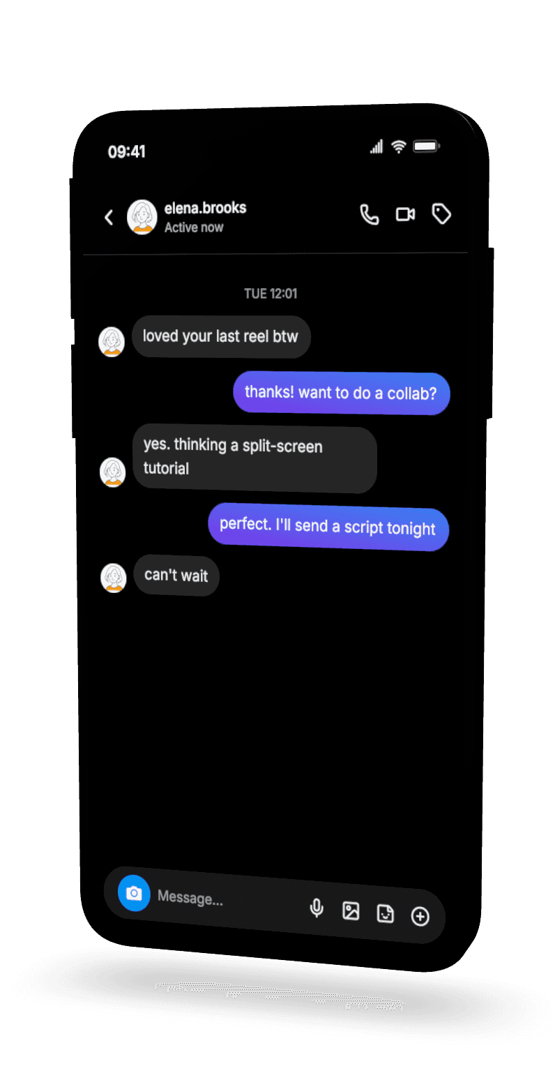 3D Instagram DM mockup on an angled iPhone — two creators in dark mode planning a collab, with purple gradient bubbles