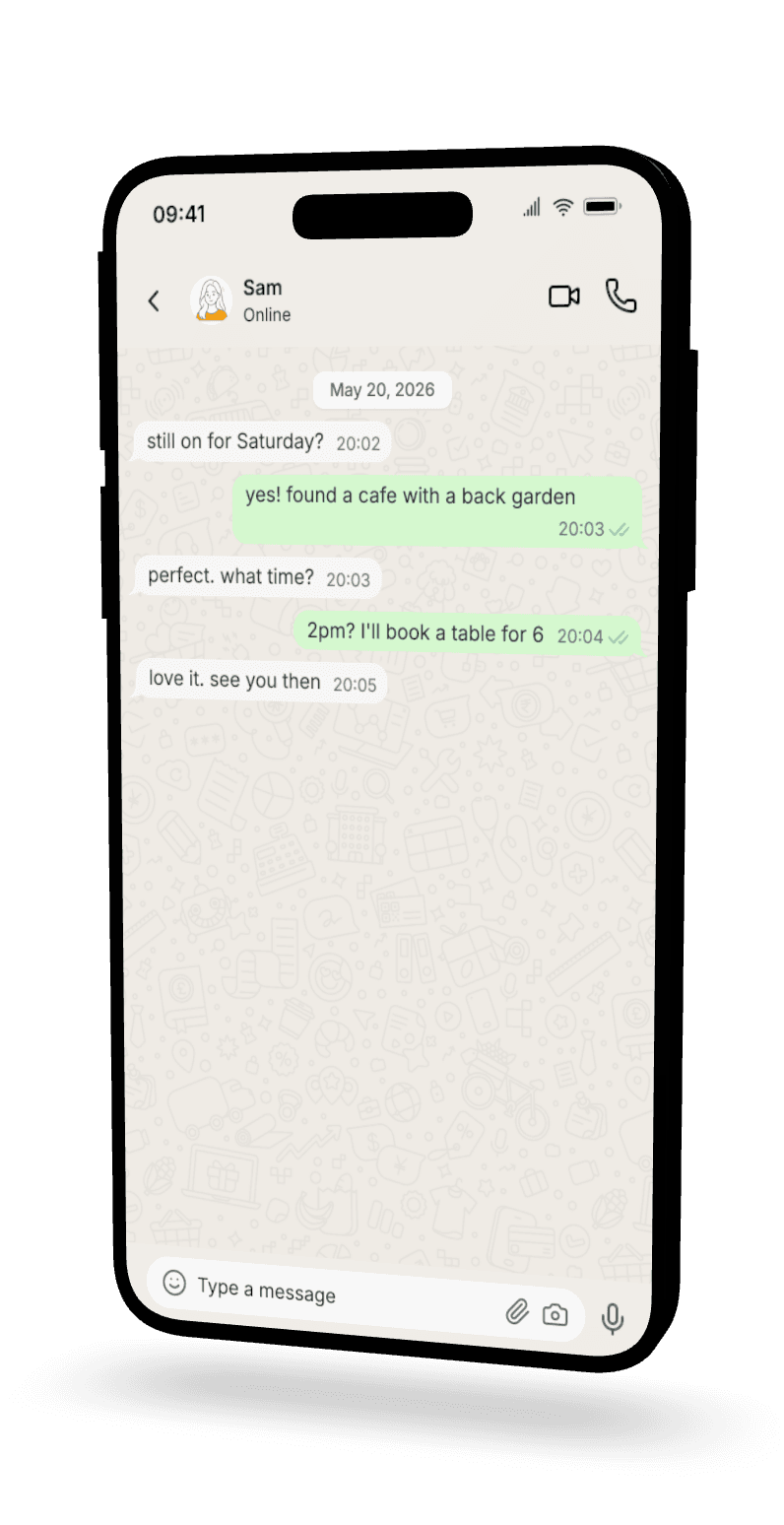 3D phone mockup of a WhatsApp chat on an angled iPhone, two friends planning a Saturday at a cafe