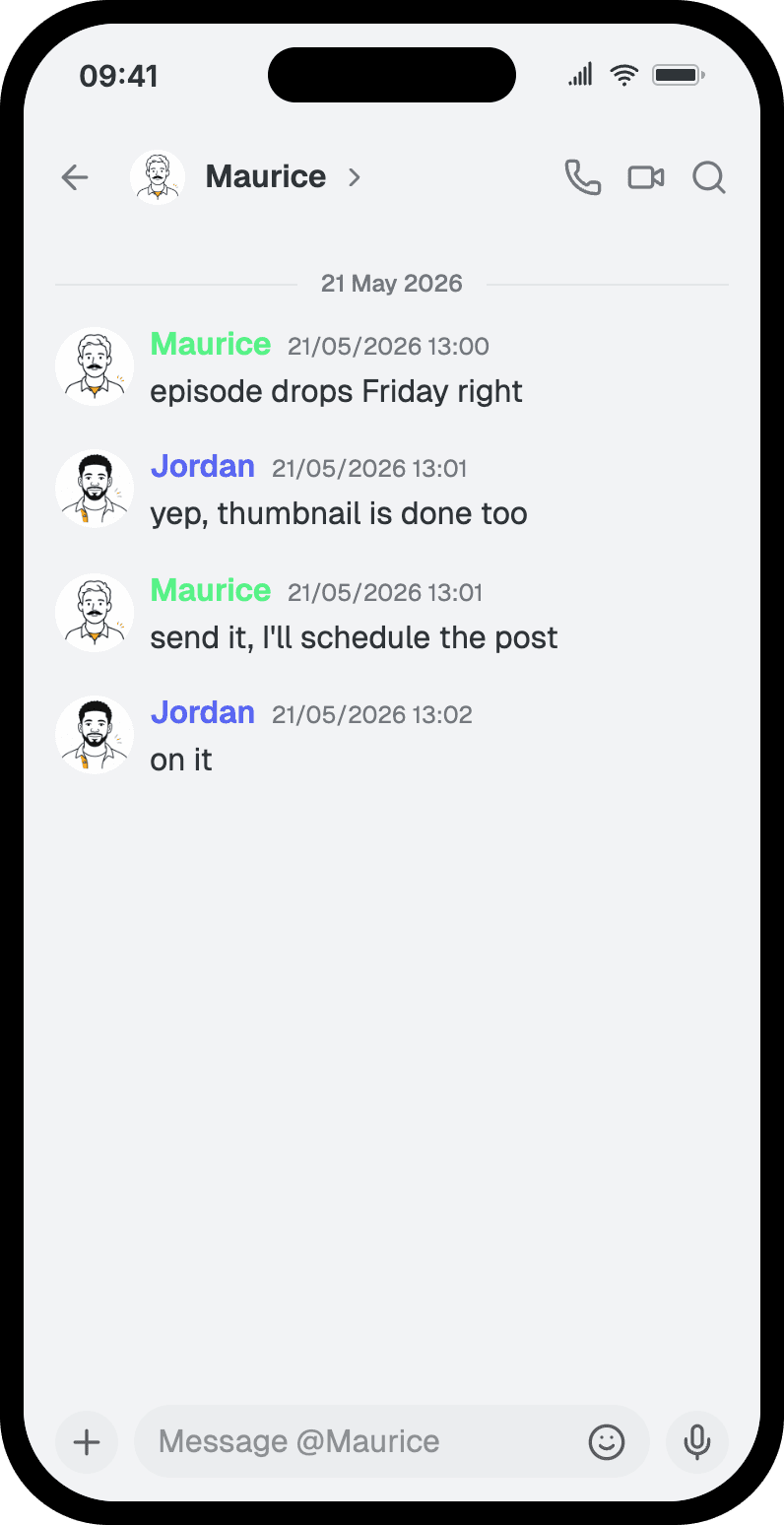 Discord channel mockup in a phone frame — two podcast creators plan an episode release, with role-colored names and a dark theme