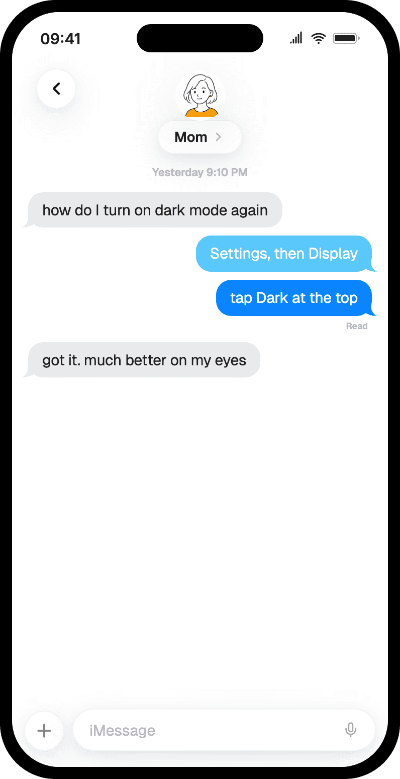 iMessage chat mockup in a phone frame — a parent and child talk about turning on dark mode, with blue and grey bubbles and a read receipt