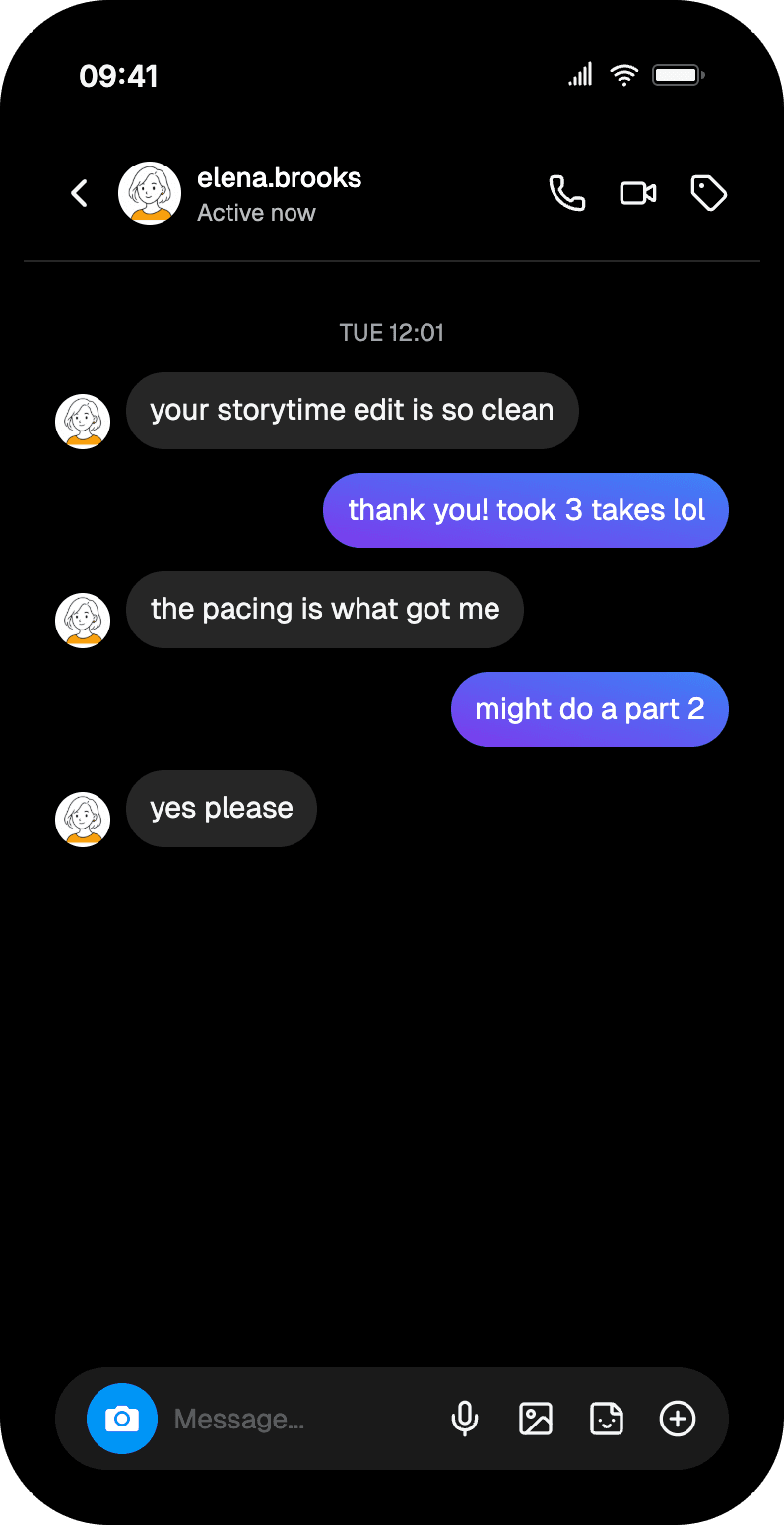 Instagram DM mockup in a phone frame — two creators talk about a storytime video, with purple gradient bubbles and seen states