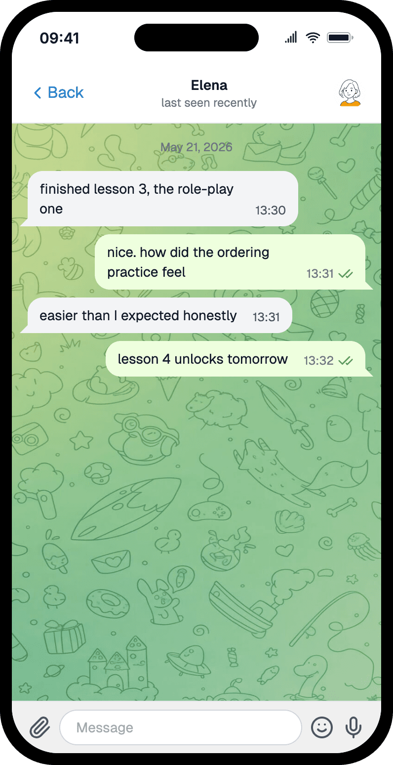 Telegram chat mockup in a phone frame — a language coach and student talk about a course lesson, with tinted bubbles and double-check read marks