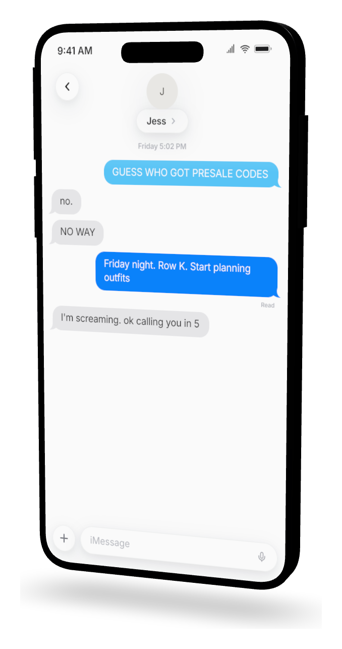 3D phone mockup of an iMessage conversation, angled in perspective like an over-the-shoulder shot