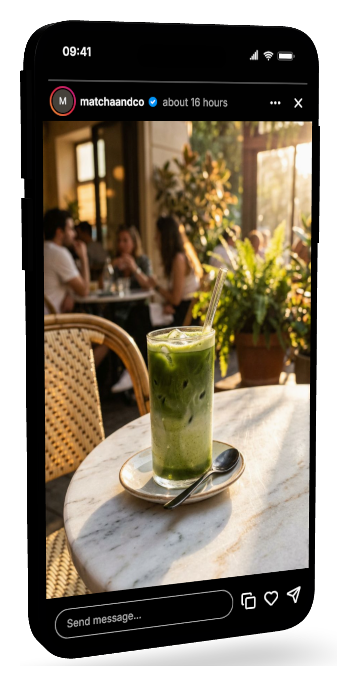 3D phone mockup of an Instagram story, tilted in 3D space with the story chrome fully visible