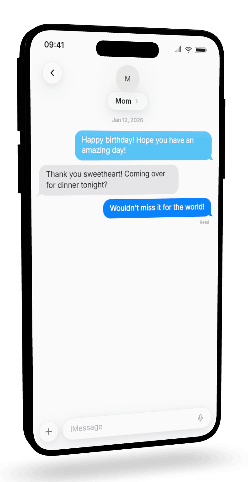 3D render of an iMessage conversation on an iPhone, angled in 3D space with a soft shadow