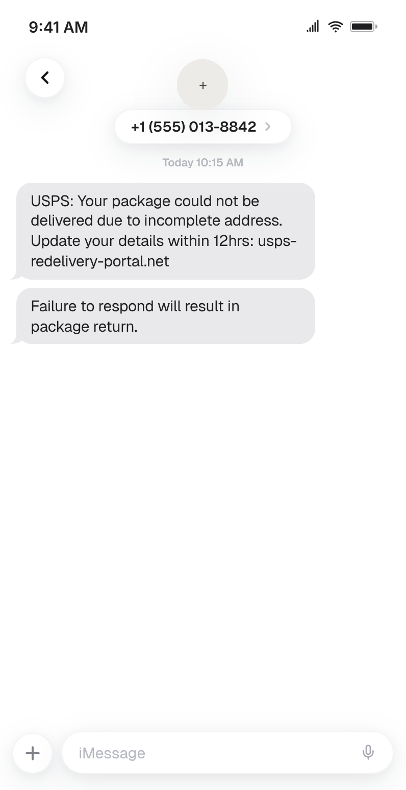 iMessage mockup of a fake USPS delivery scam text from an unknown number, with a suspicious link and artificial urgency, built as a teaching specimen
