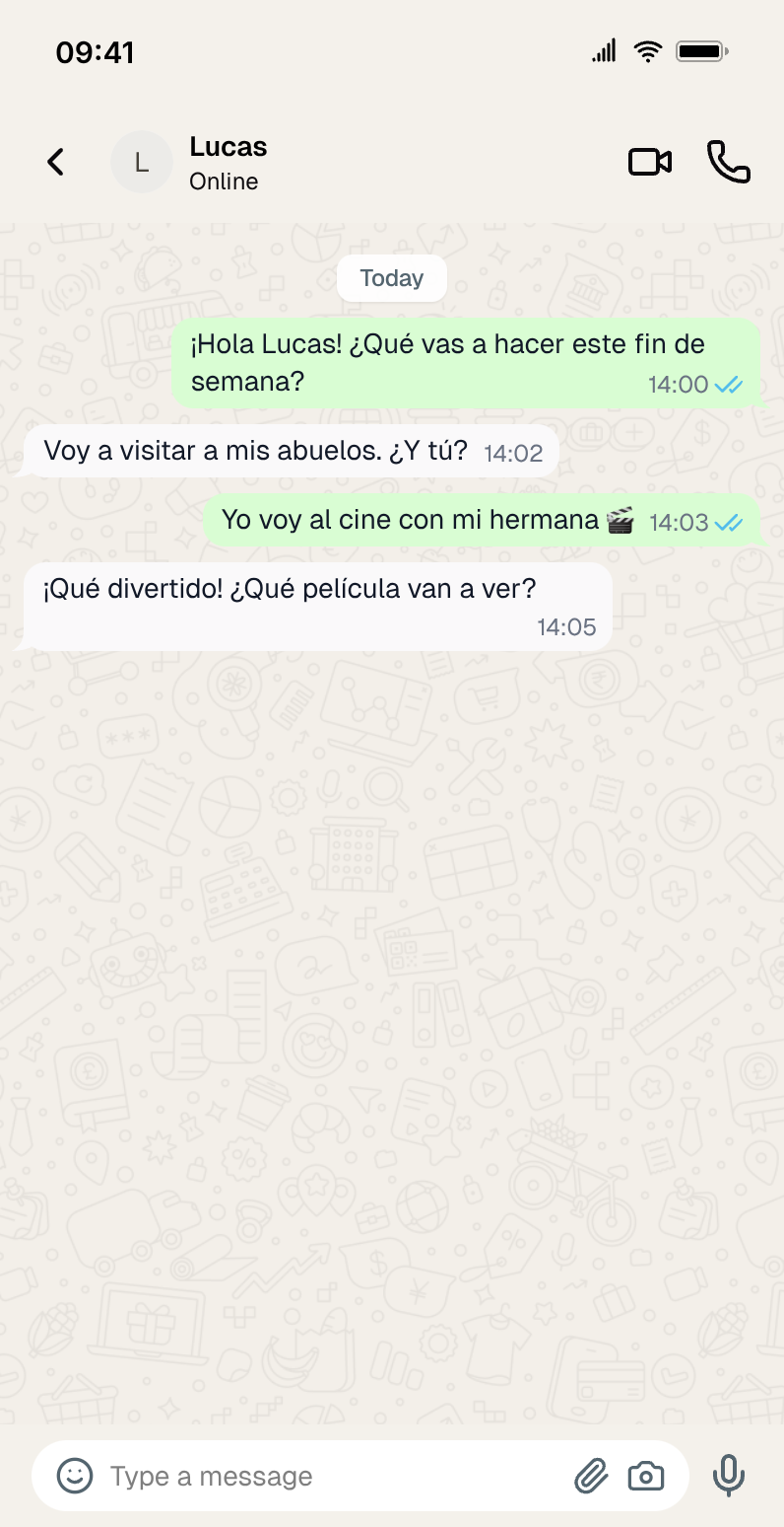 WhatsApp chat mockup in Spanish: Ana and Lucas discussing weekend plans, used as a language dialogue exercise