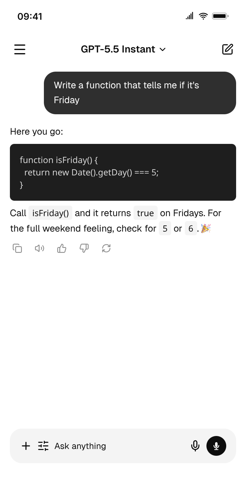 Fake ChatGPT chat in light mode showing a JavaScript isFriday() function in a proper code block, model label GPT-5.5 Instant