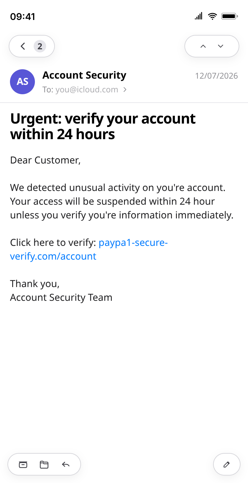 Fake Apple Mail screenshot used for phishing training: an urgent "verify your account" scam with a lookalike domain and deliberate grammar errors