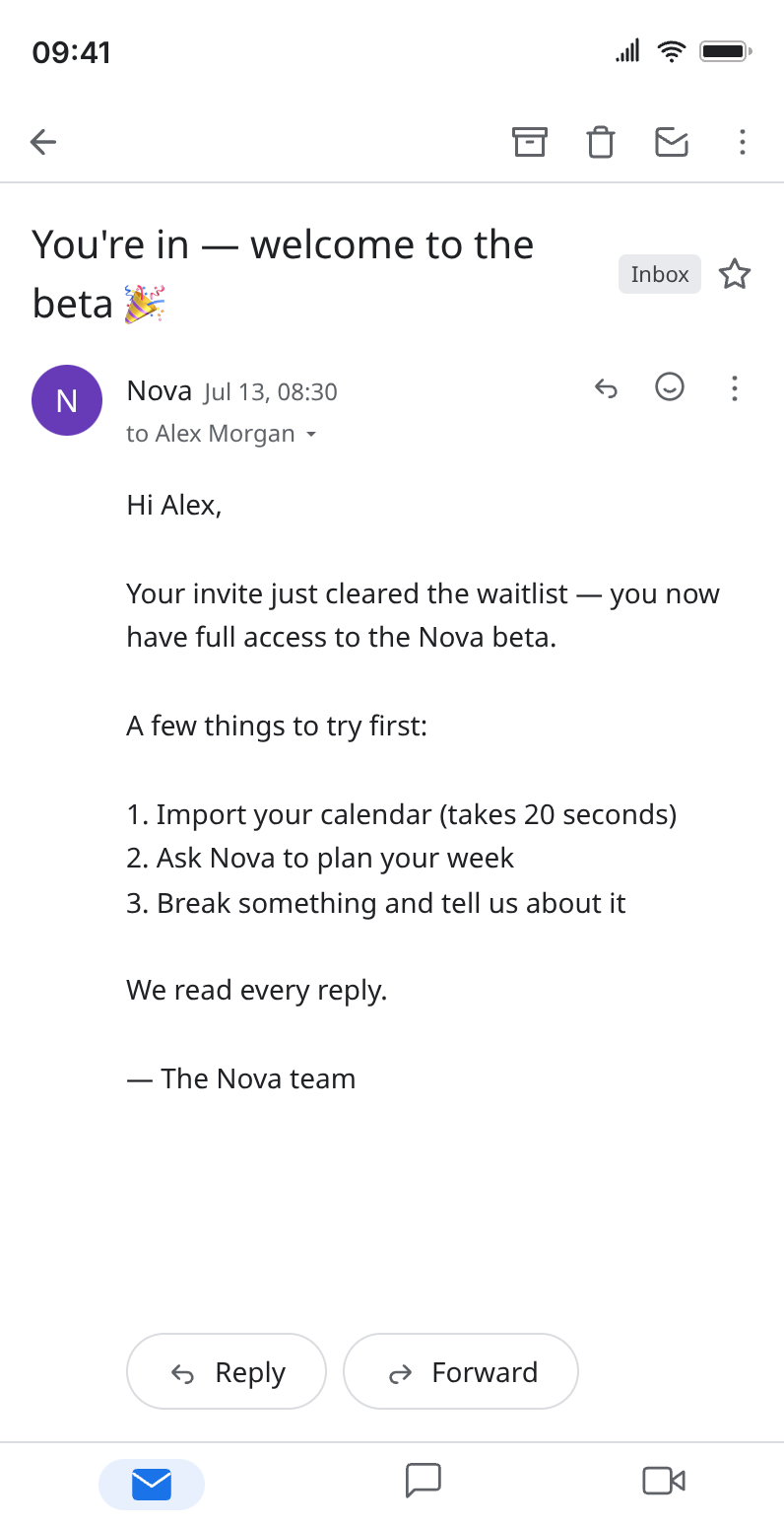 Fake Gmail screenshot of a startup's beta welcome email with a numbered getting-started list