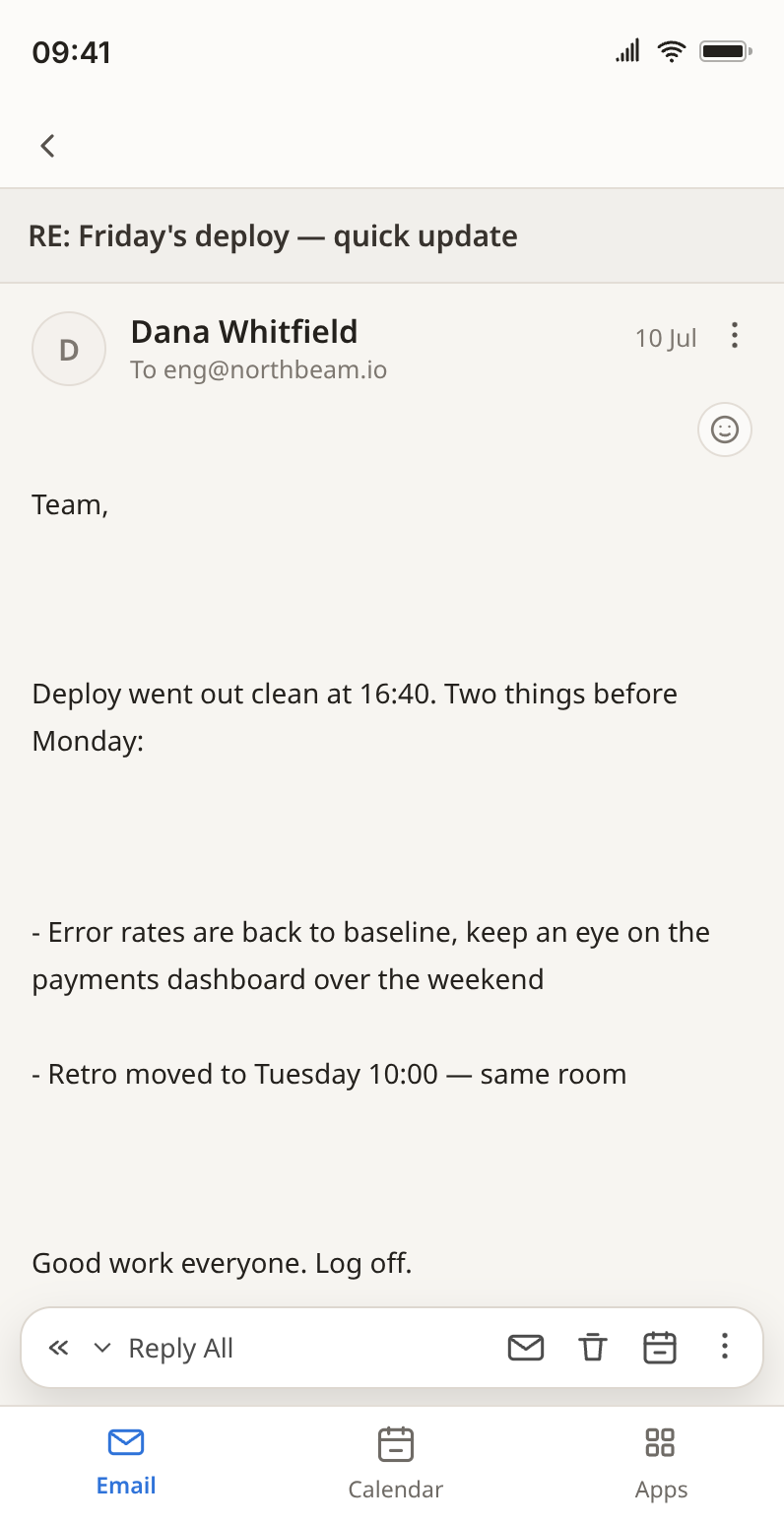 Fake Outlook screenshot of a Friday deploy update email to the engineering team with two bullet points