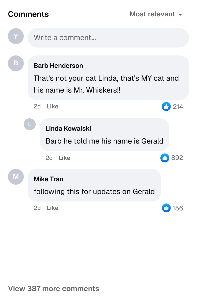 Fake Facebook comment thread: Barb claims the cat is hers, Linda replies "Barb he told me his name is Gerald" earning 892 likes