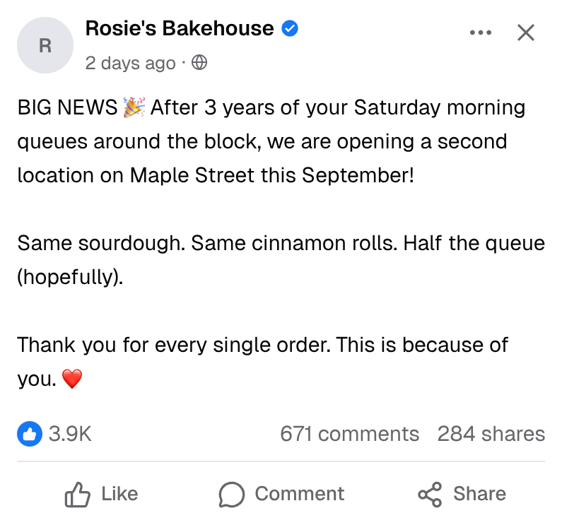 Fake Facebook post from "Rosie's Bakehouse" announcing a second location, with paragraph breaks, emoji, and 3.8K reactions