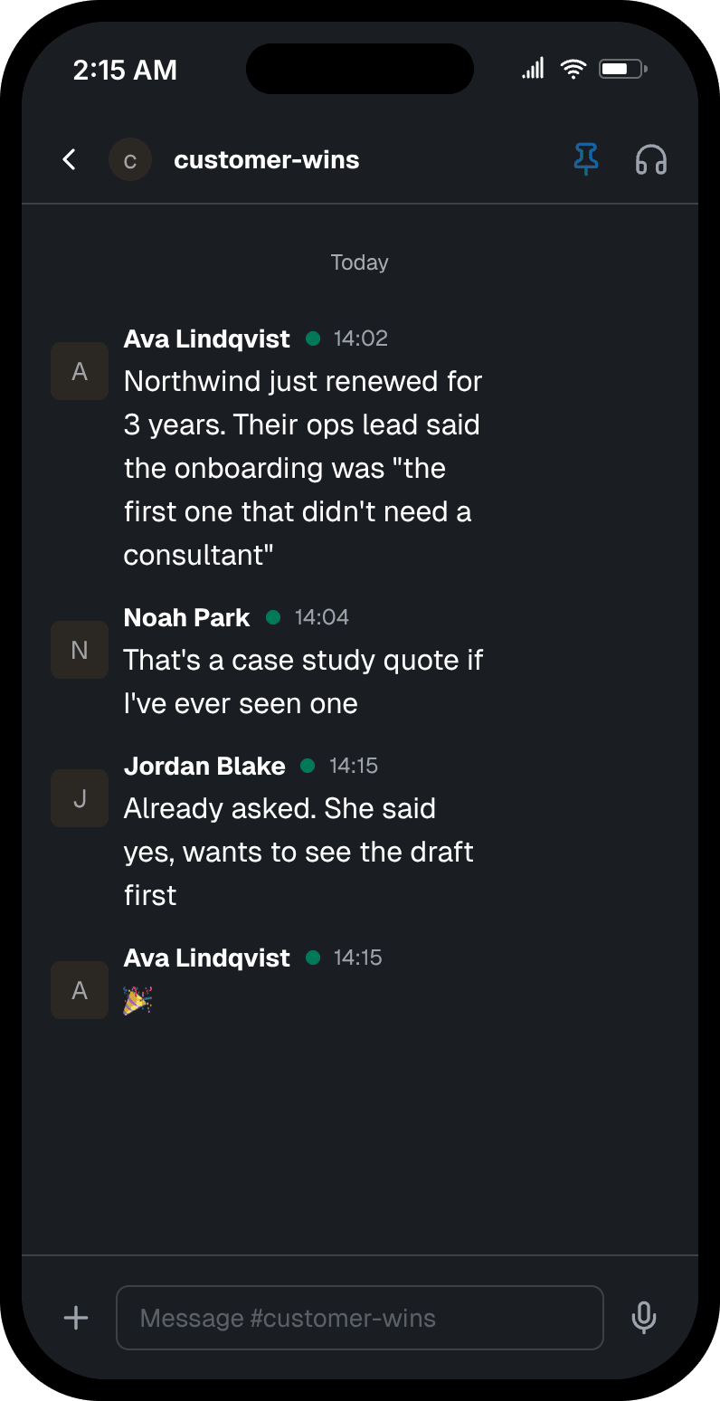 Fake Slack channel called customer-wins in dark mode where a team shares a three-year renewal and a customer quote