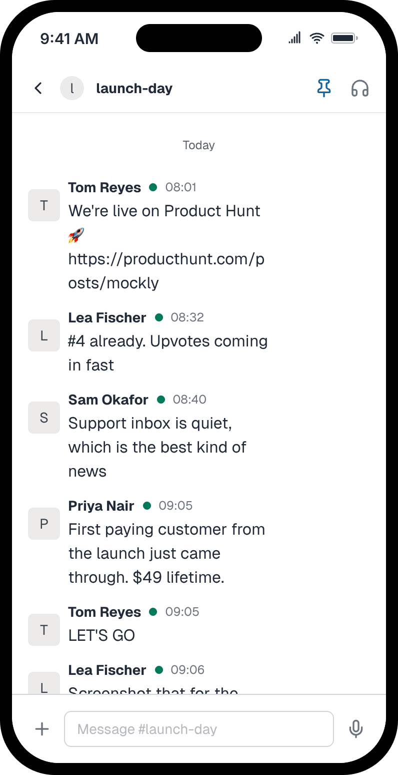 Fake Slack channel called launch-day where a team celebrates going live on Product Hunt and the first paying customer