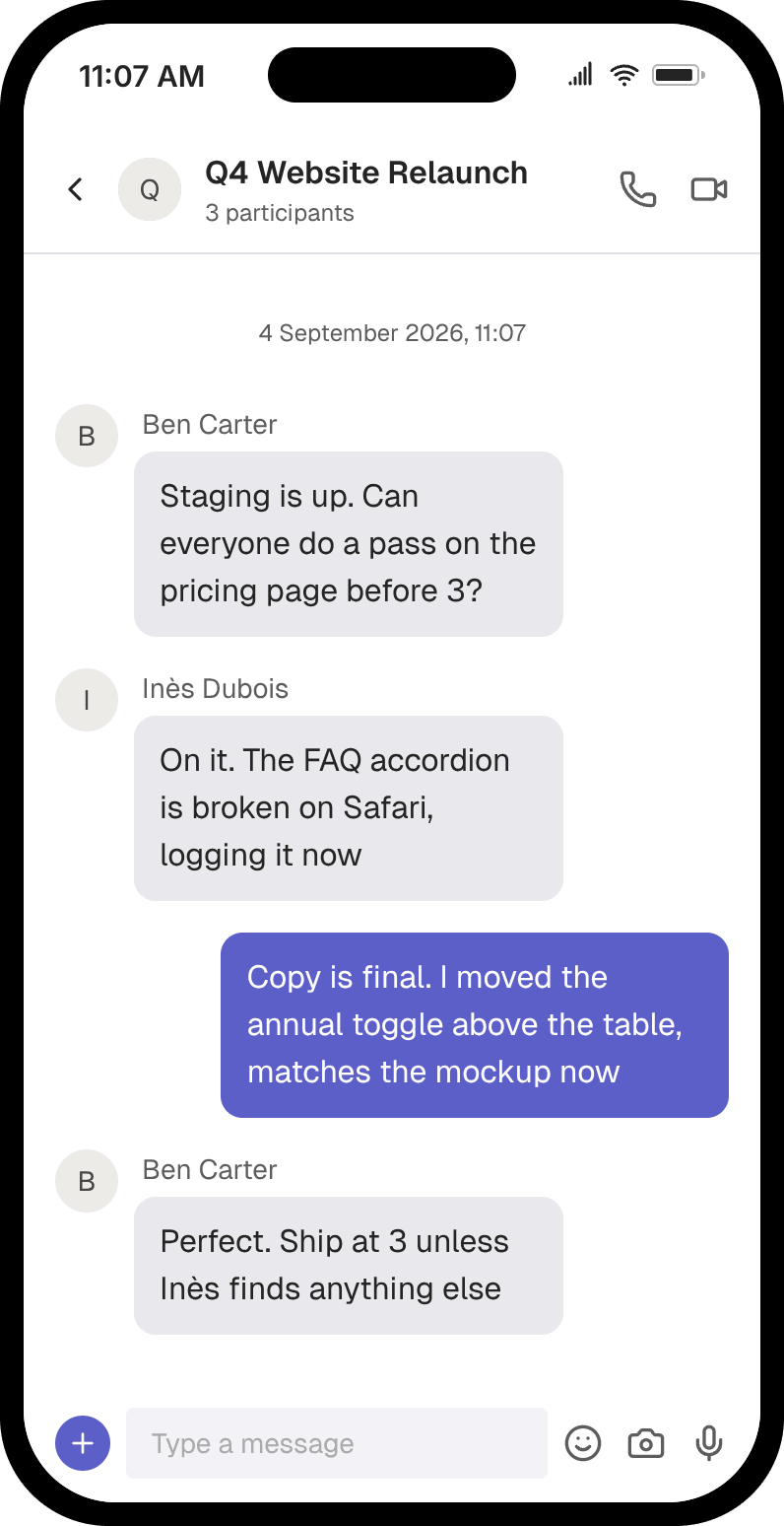 Fake Microsoft Teams group chat called Q4 Website Relaunch where an agency team does a final pass before shipping