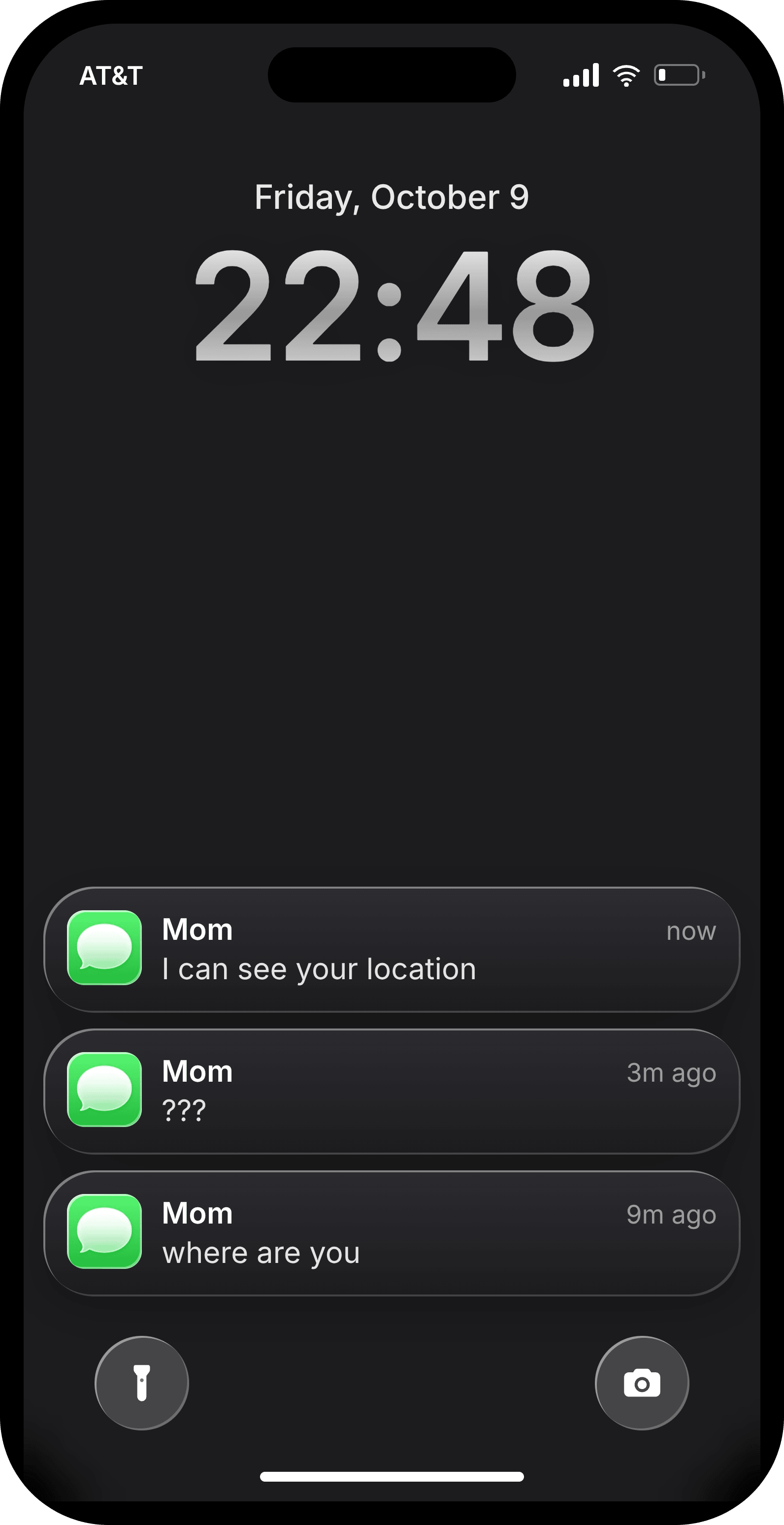 Fake iPhone lock screen with three stacked Messages notifications from Mom that escalate from where are you to I can see your location, the friend prank version of the lock screen trend
