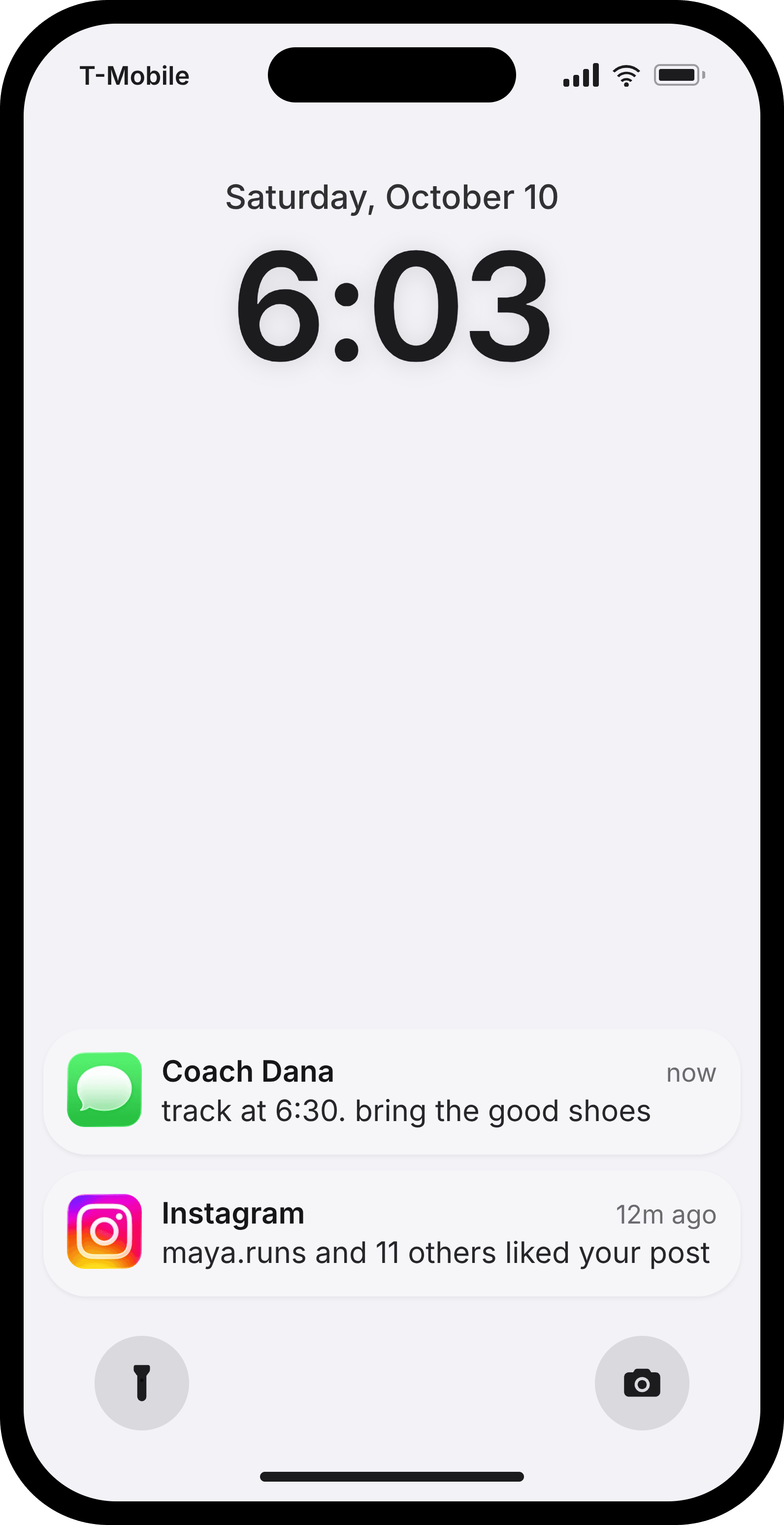 Fake iPhone lock screen on a light wallpaper at 6:03 with a text from Coach Dana about track practice and an Instagram like notification, the glow-up carousel slide