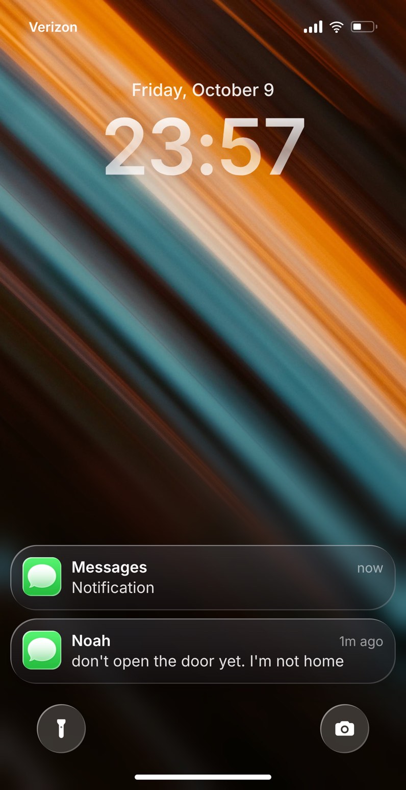 Fake iPhone lock screen for the TikTok lock screen trend: 23:57, a hidden-preview Messages notification on top and a text from Noah that says don't open the door yet, I'm not home