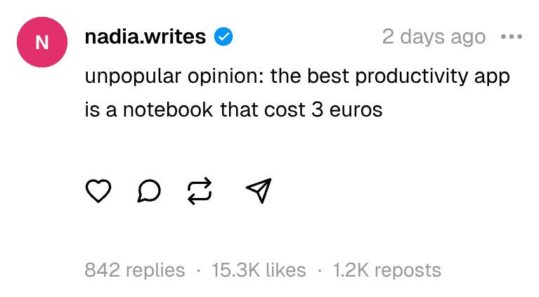 Fake Threads post by "nadia.writes": "unpopular opinion: the best productivity app is a notebook that cost 3 euros", with 15.3K likes