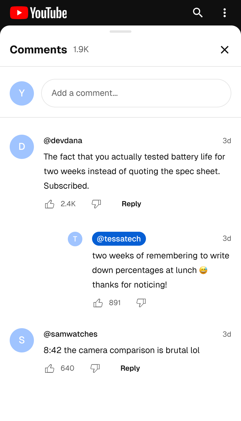 Finished YouTube comment mockup: a tech review's comment section with a praised top comment, the creator's badged reply, and a timestamp comment