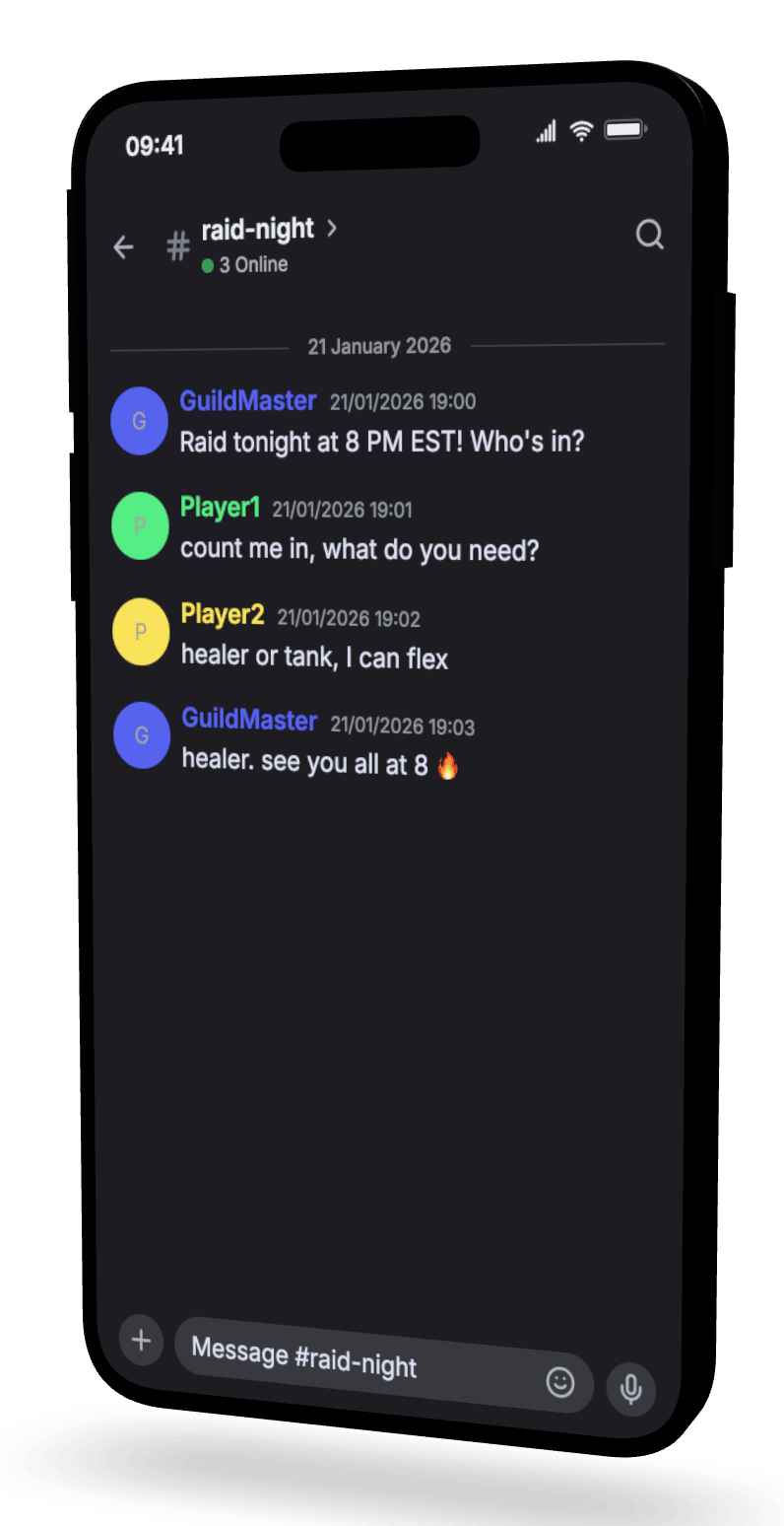 3D render of a dark-mode Discord server channel mockup on an iPhone, angled in 3D space