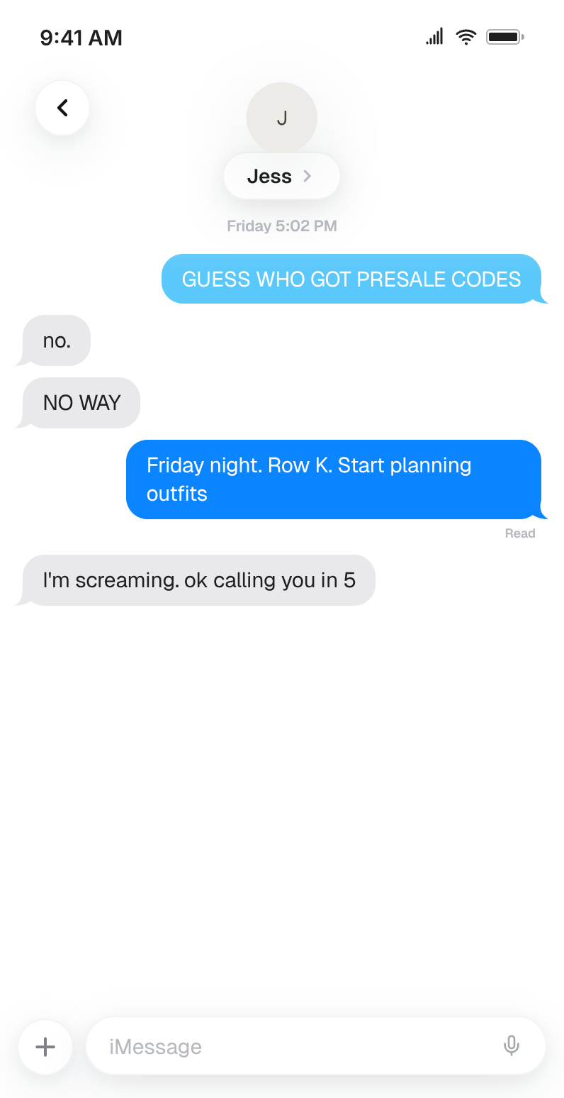 Fake iMessage chat where one friend announces concert presale codes and the other replies "no." then "NO WAY" in escalating disbelief