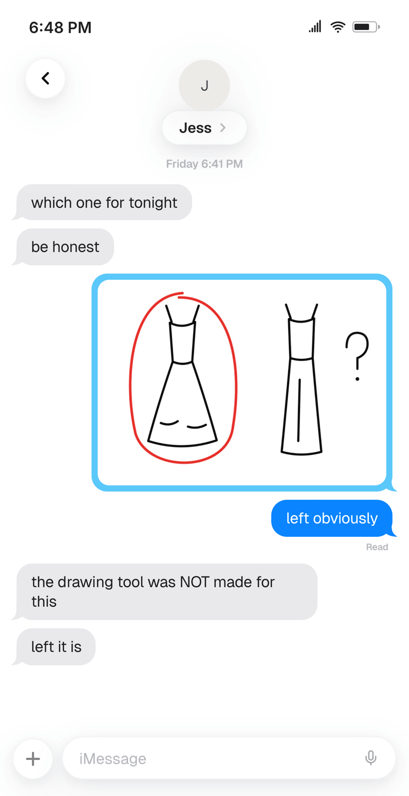 Fake iMessage chat where Alex answers "which one for tonight" with a doodle made in the iOS 27 drawing tool, then "left obviously" with a Read receipt