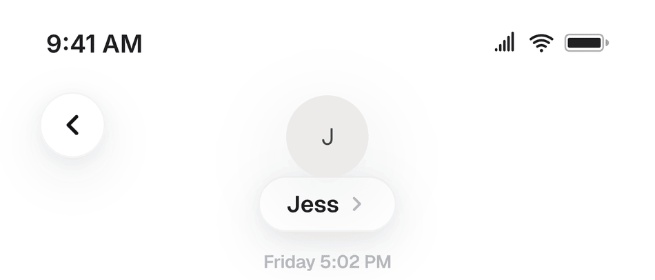 Zoomed iMessage header from a Mockly render: the floating back button, round avatar and name pill with chevron, the glass look iOS 26 and iOS 27 share