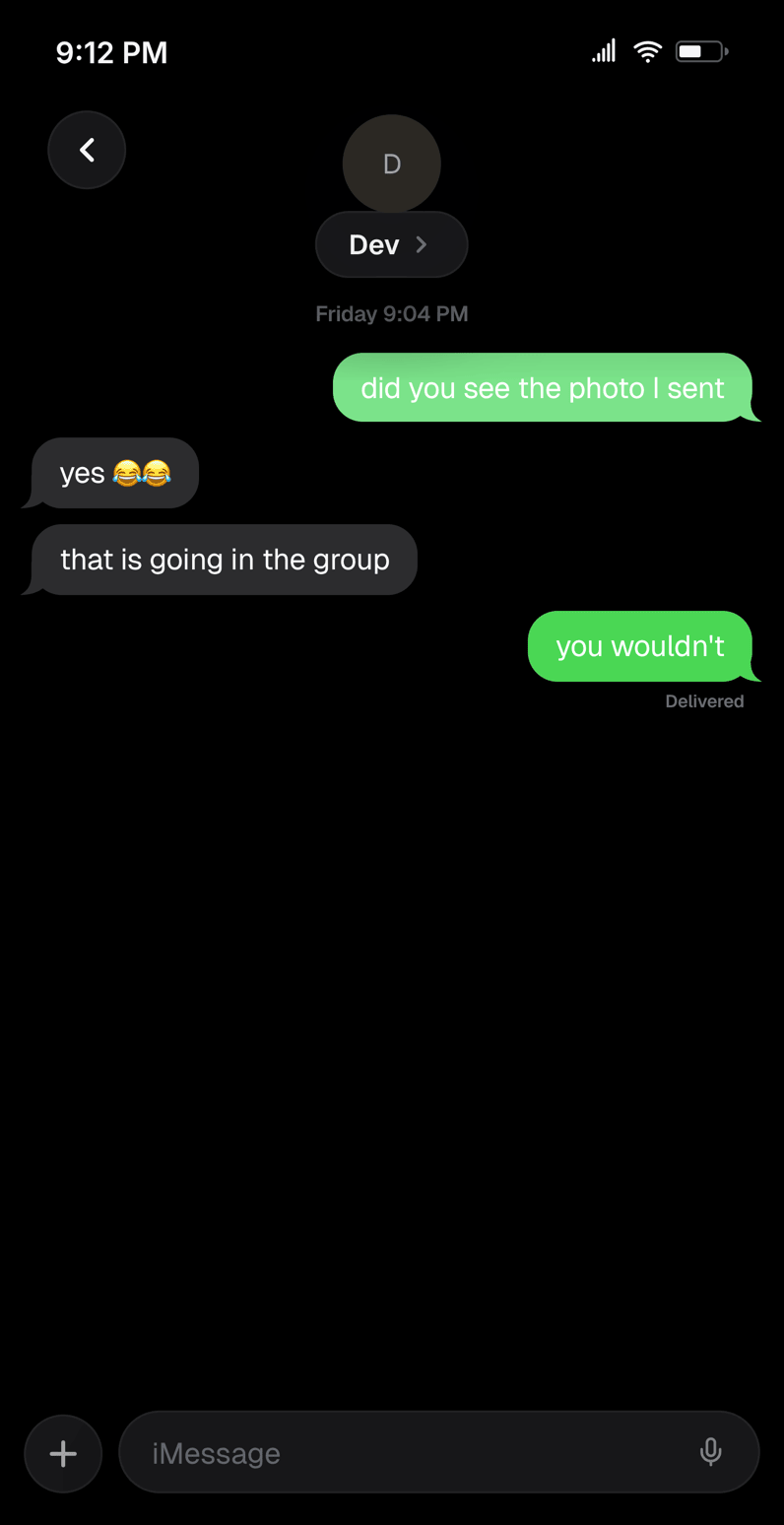 Fake iMessage chat in dark mode with green bubbles for an Android friend: "did you see the photo I sent", "yes 😂😂", and a Delivered receipt