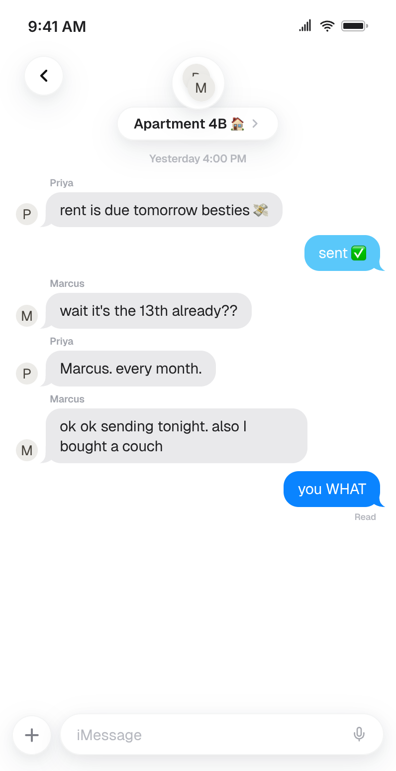Fake iMessage group chat named "Apartment 4B" with rent-day reminders and one roommate confessing they bought a couch