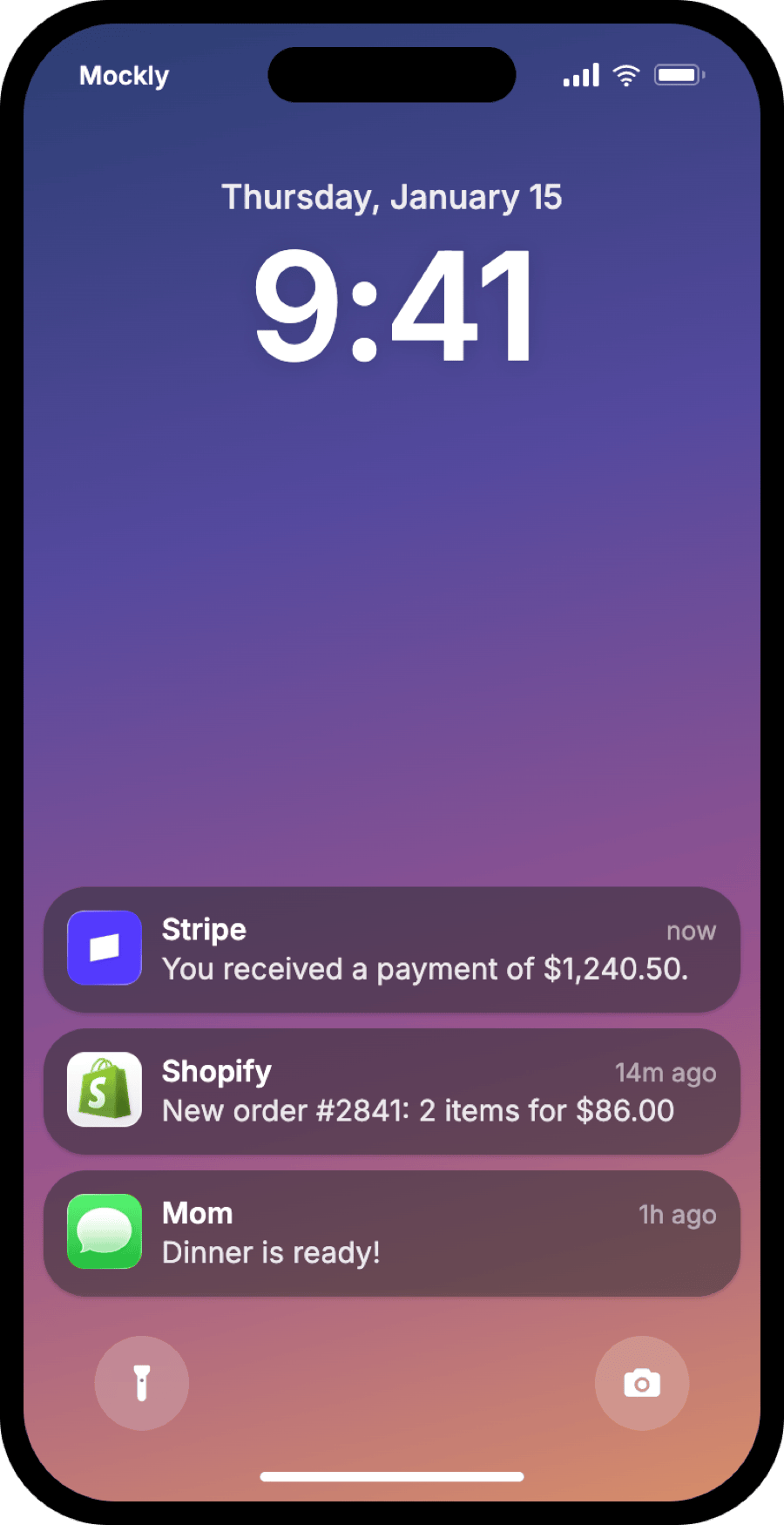 Fake iPhone lock screen with Stripe and Shopify payment notifications stacked above an iMessage from Mom