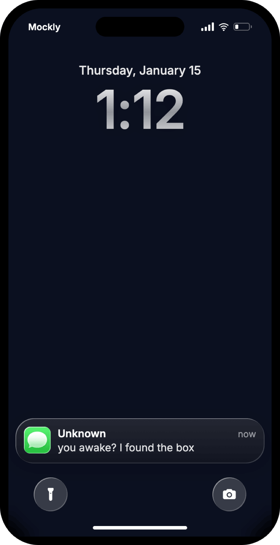 Fake iPhone lock screen in the dark with a single iMessage notification that says "you awake? I found the box"