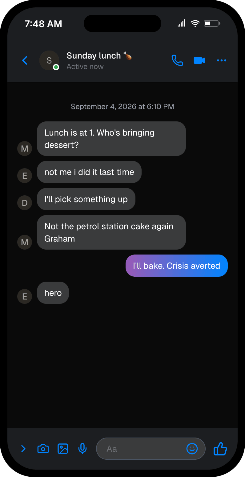 Fake Messenger group chat named Sunday lunch in dark mode, a family arguing about who brings dessert