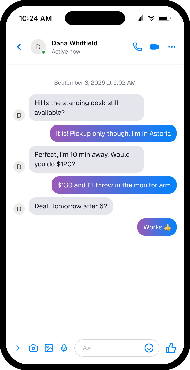 Fake Messenger chat in light mode where a buyer negotiates a standing desk on Facebook Marketplace