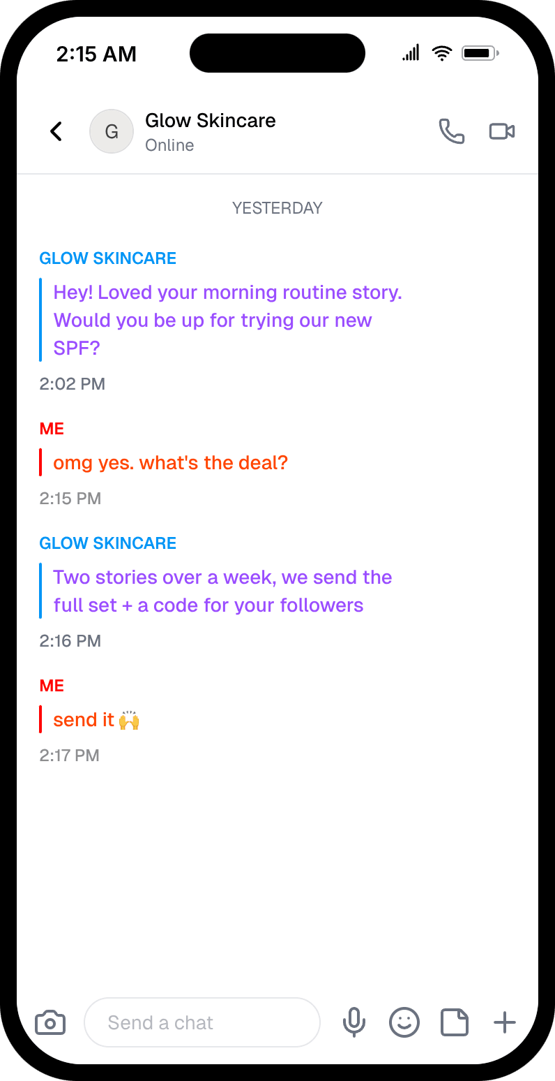 Fake Snapchat DM from a skincare brand offering a creator a product collab, light mode