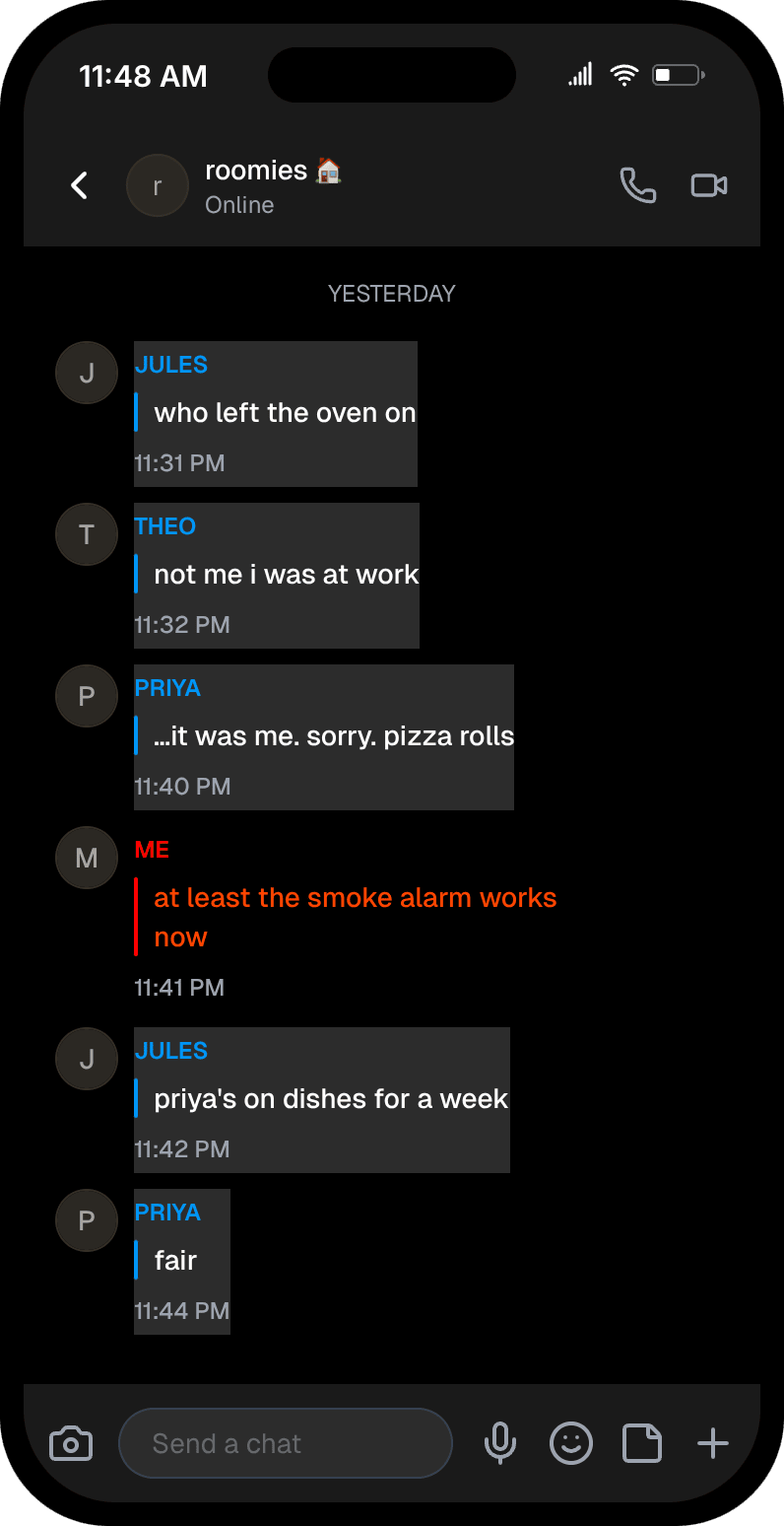 Fake Snapchat group chat named roomies in dark mode, four people arguing about who left the oven on