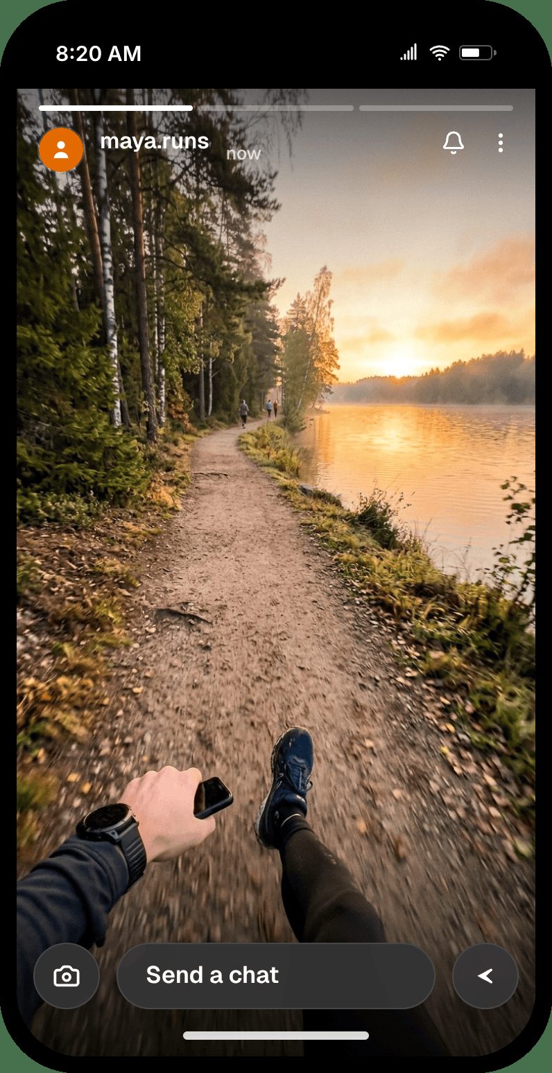 Fake Snapchat story frame from a runner at sunrise, with progress bars, username, and the Send a chat bar