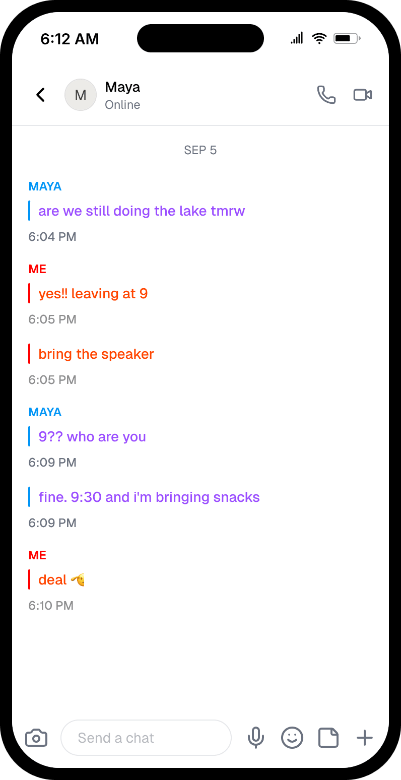 Fake Snapchat chat between two friends confirming a lake trip, light mode, with red ME messages and purple messages from Maya
