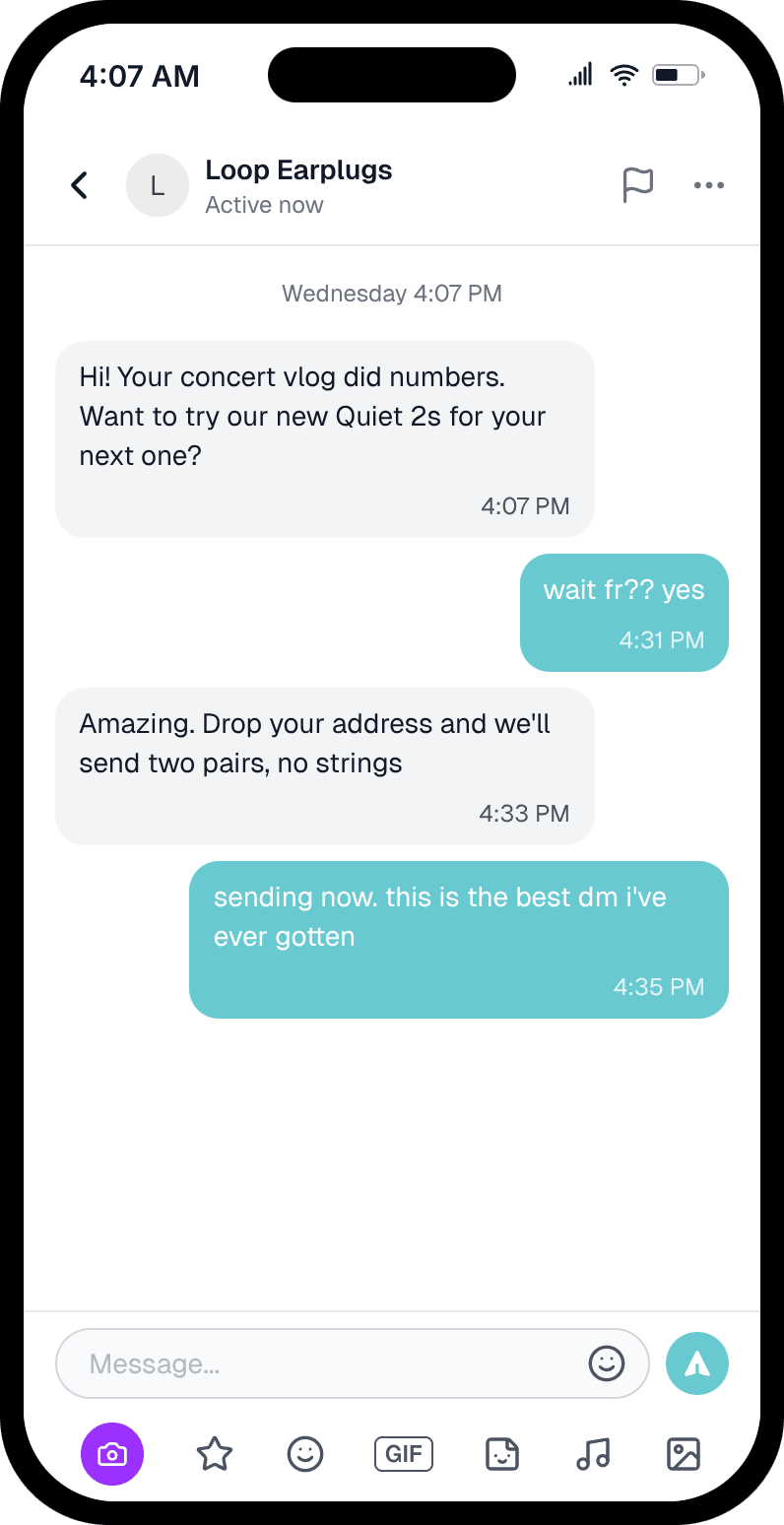 Fake TikTok DM in light mode where an earplug brand offers a creator free product after a concert vlog