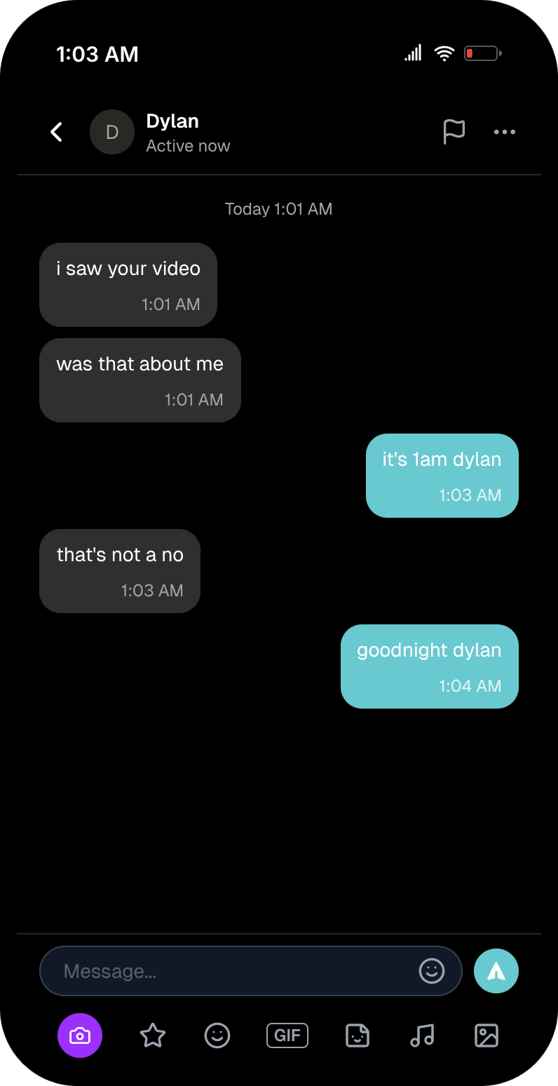 Fake TikTok DM in dark mode where an ex messages at 1am asking if a video was about them