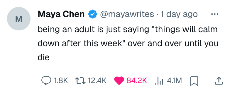 Fake tweet by "Maya Chen": "being an adult is just saying 'things will calm down after this week' over and over until you die", with 84.2K likes