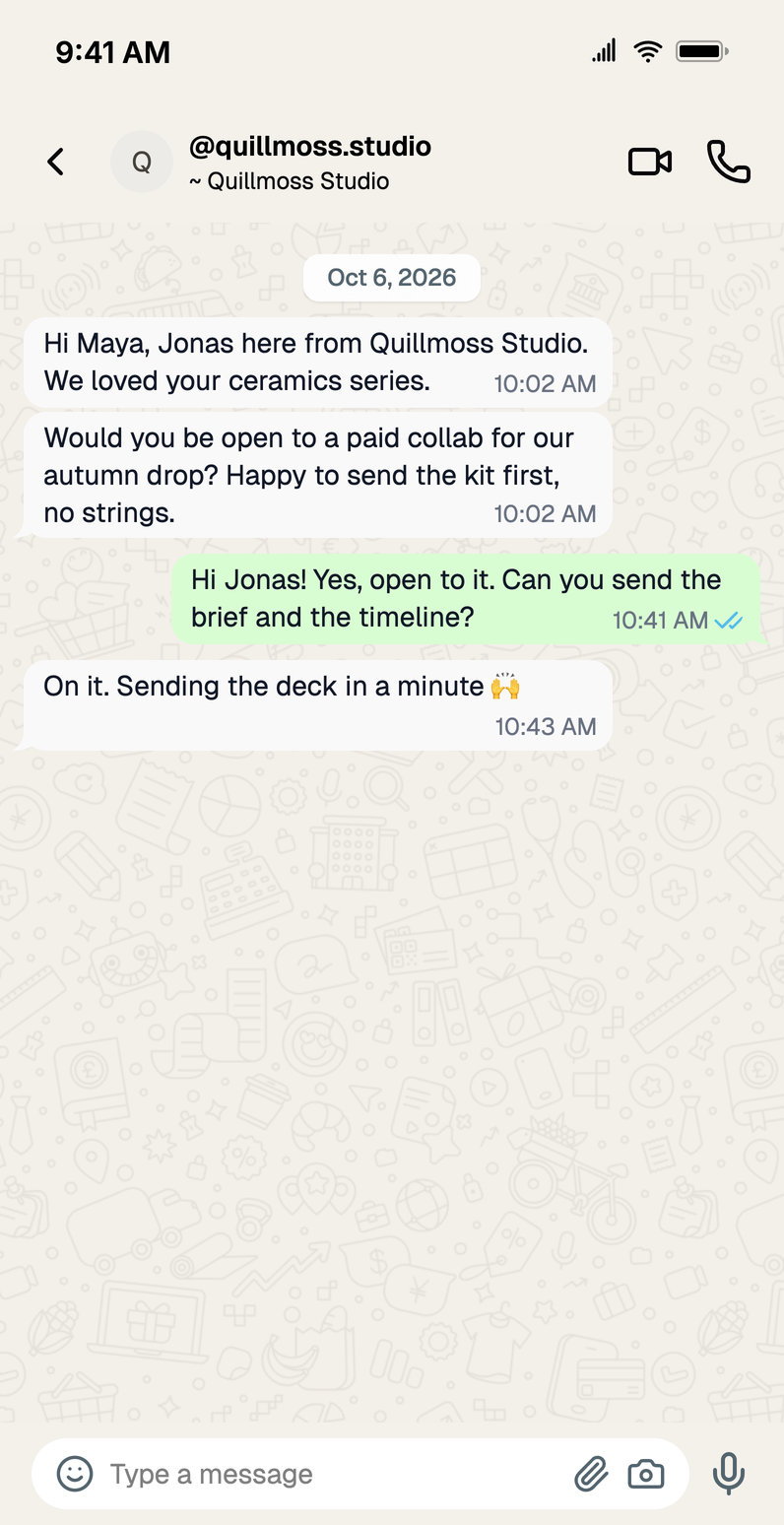 WhatsApp chat mockup of a first message from a brand the creator has not saved: the header reads @quillmoss.studio with the push name Quillmoss Studio underneath, two incoming messages about a collab, and one read reply