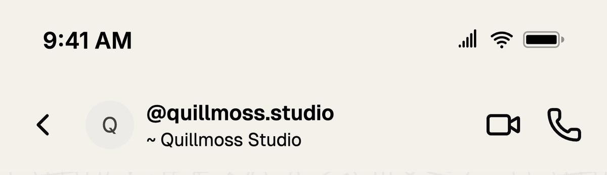 Close-up of the WhatsApp mockup header showing @quillmoss.studio as the title and ~ Quillmoss Studio as the subtitle, the way WhatsApp labels a contact you have not saved