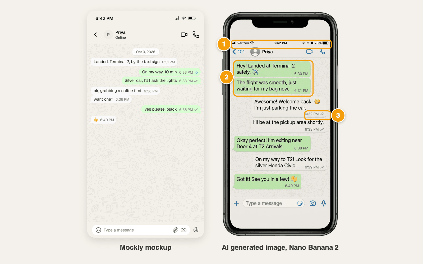 Side by side: a WhatsApp mockup rendered by Mockly on the left, an AI generated image of the same chat on the right with numbered callouts on the status bar, the bubble colors and the ticks that give it away