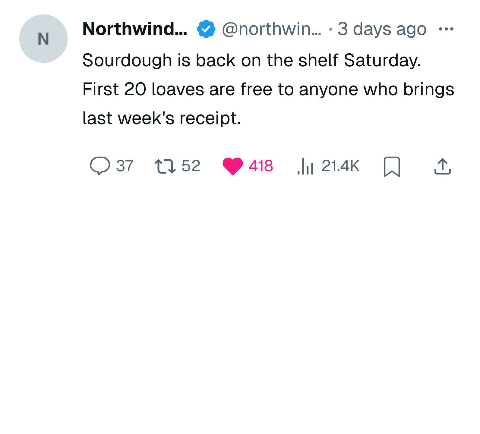 X post mockup of a fictional bakery account made in Mockly, showing the name, handle, verified badge, timestamp line and the views count in the action row