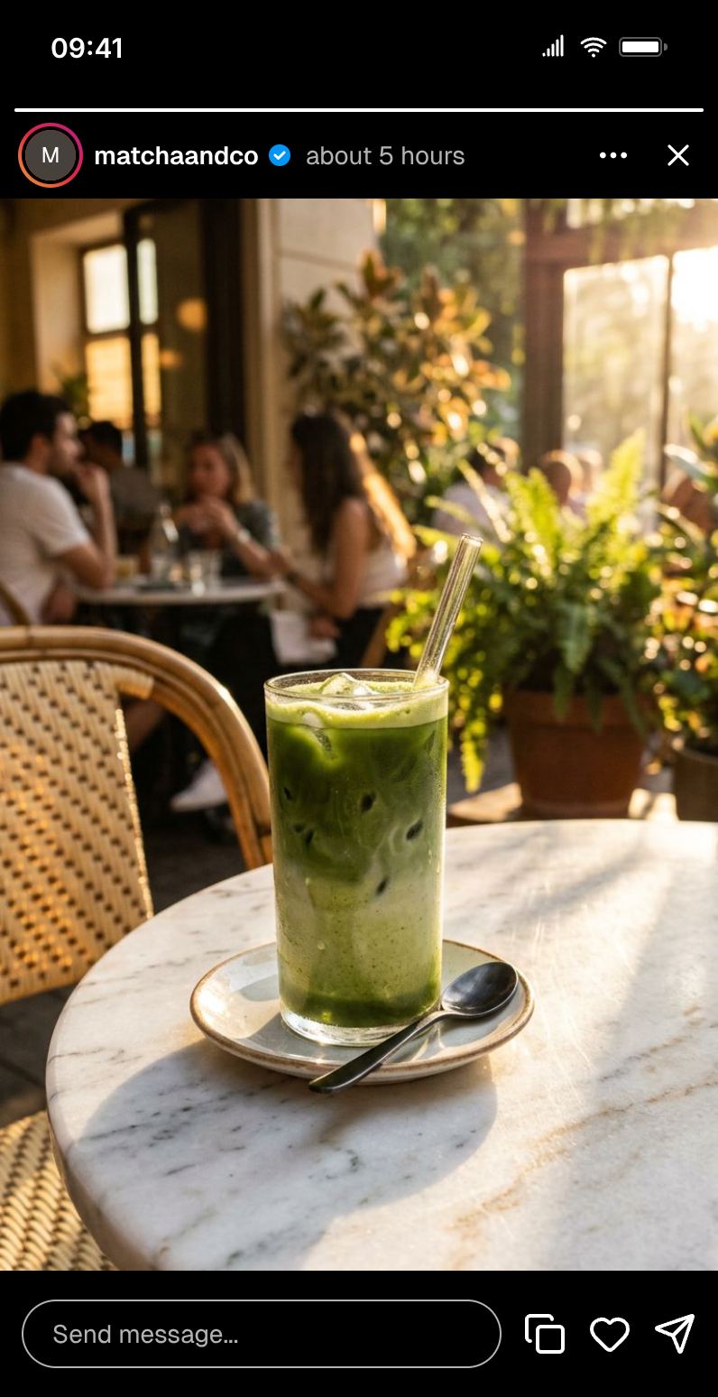 Instagram story mockup for a café brand: golden-hour iced matcha photo with the story progress bar, verified username, and reply bar